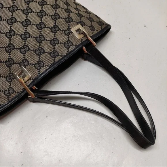 Gucci Tote Bag Black Vintage GG Monogram Canvas with Leather Trim EUC - Picture 4 of 5